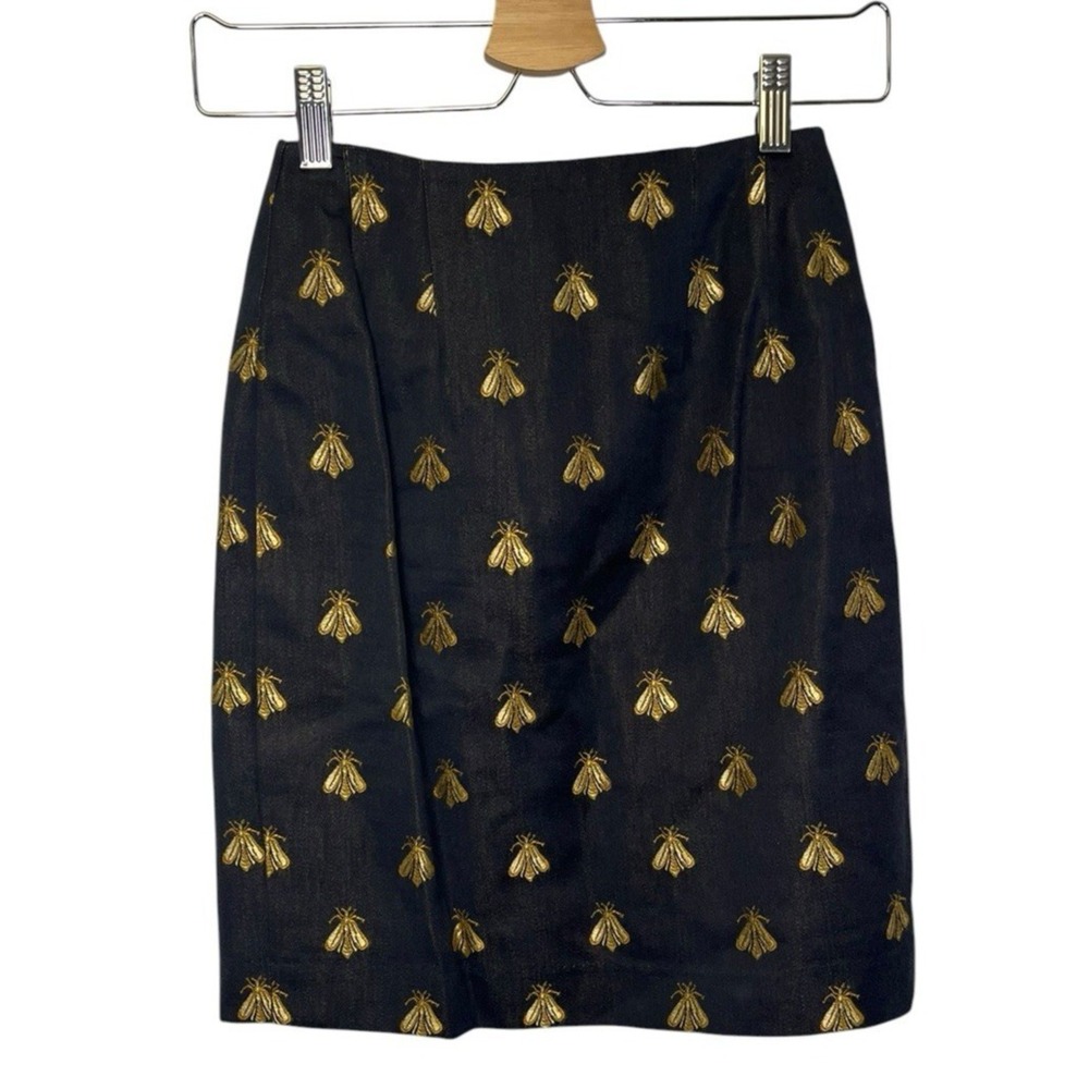 STEVEN STOLMAN Skirt‎ 4 Embroidered Bee Gold Black Sheen Hamptons Preppy Luxury
